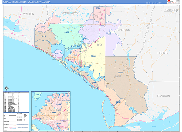Panama City Metro Area Wall Map Color Cast Style